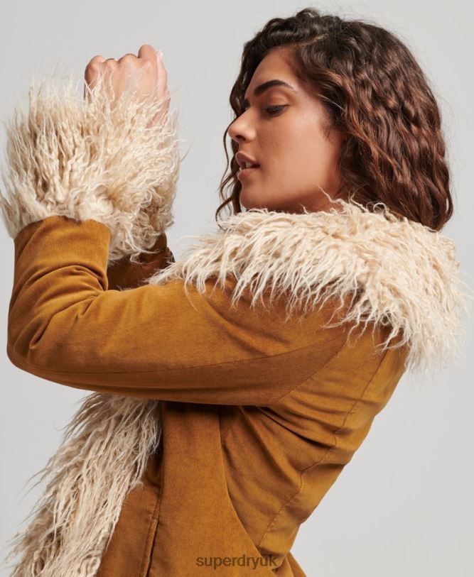 Faux Fur Lined Longline Afghan Coat Women Brown Clothing Superdry 66N8N3835