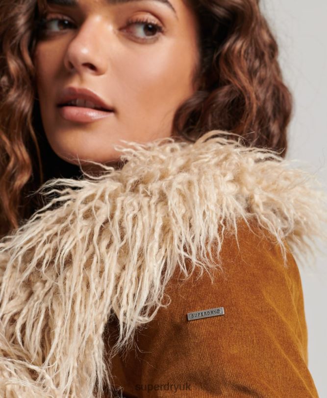 Faux Fur Lined Longline Afghan Coat Women Brown Clothing Superdry 66N8N3835