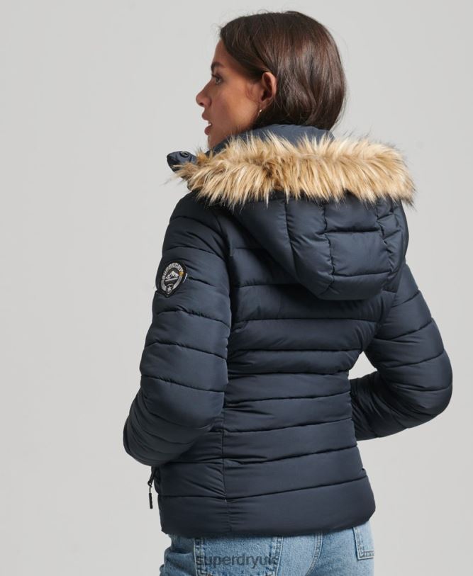 Faux Fur Short Hooded Puffer Jacket Women Navy Clothing Superdry 66N8N3640