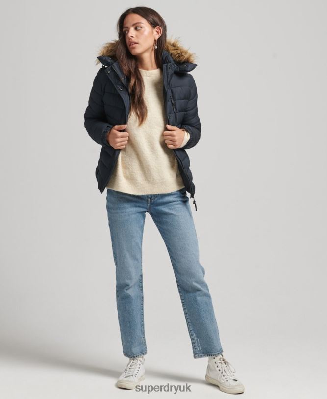 Faux Fur Short Hooded Puffer Jacket Women Navy Clothing Superdry 66N8N3640