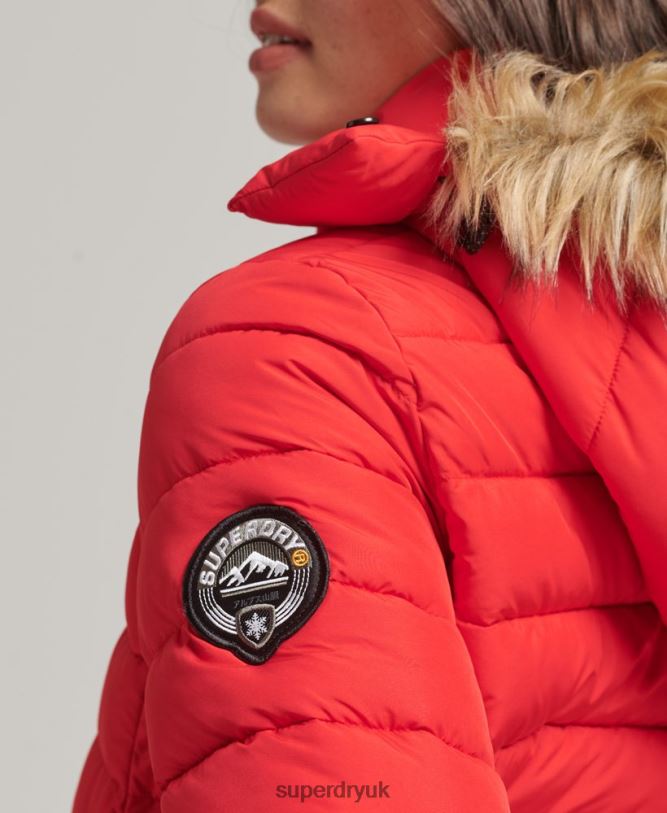 Faux Fur Short Hooded Puffer Jacket Women Red Clothing Superdry 66N8N5571