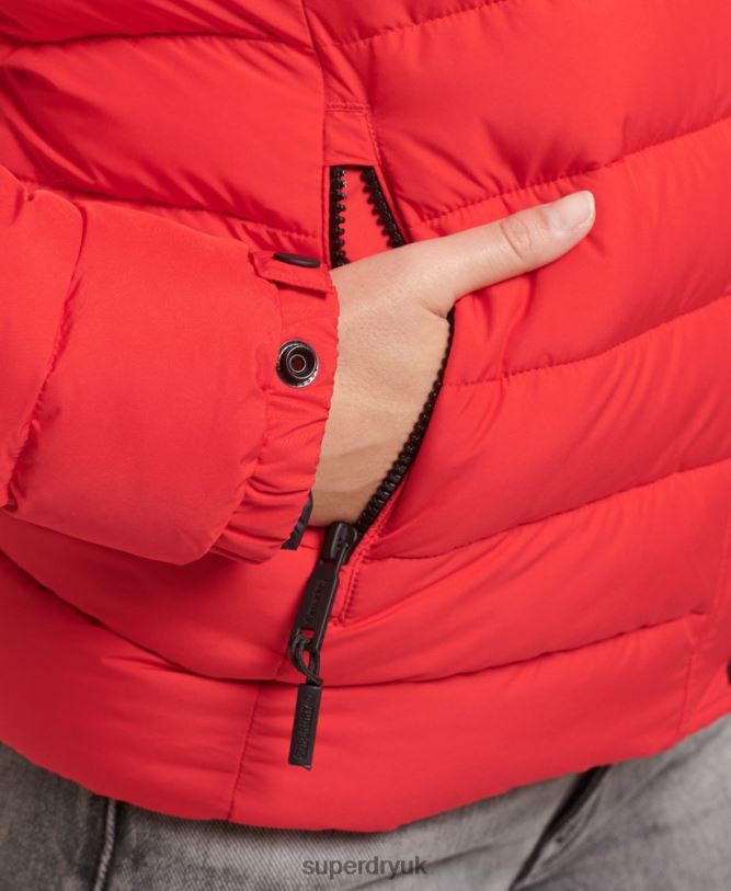 Faux Fur Short Hooded Puffer Jacket Women Red Clothing Superdry 66N8N5571