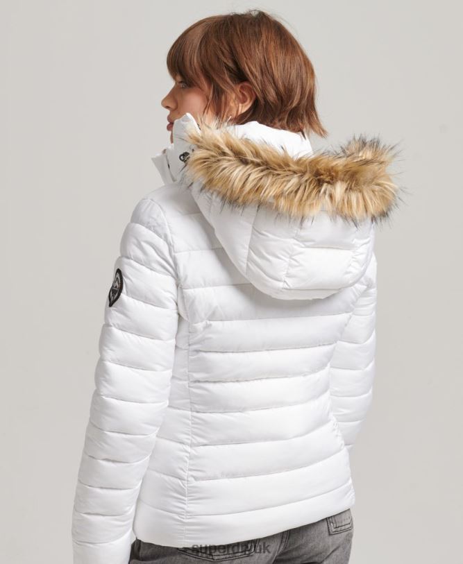 Faux Fur Short Hooded Puffer Jacket Women White Clothing Superdry 66N8N3669