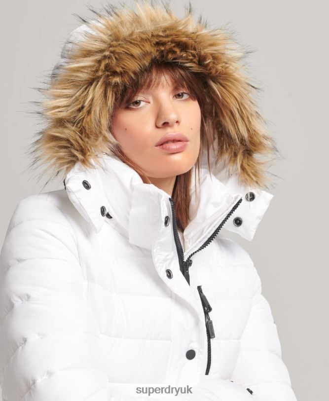 Faux Fur Short Hooded Puffer Jacket Women White Clothing Superdry 66N8N3669