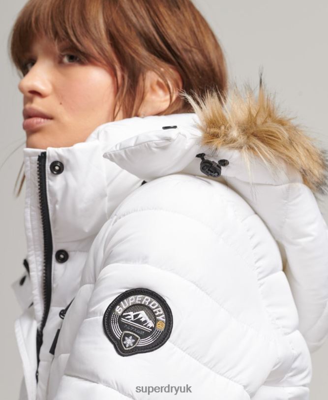 Faux Fur Short Hooded Puffer Jacket Women White Clothing Superdry 66N8N3669