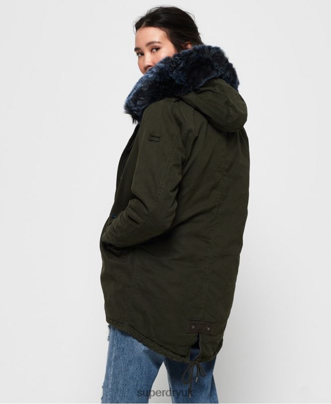 Hawk Coloured Faux Fur Parka Jacket Women Khaki Clothing Superdry 66N8N3862