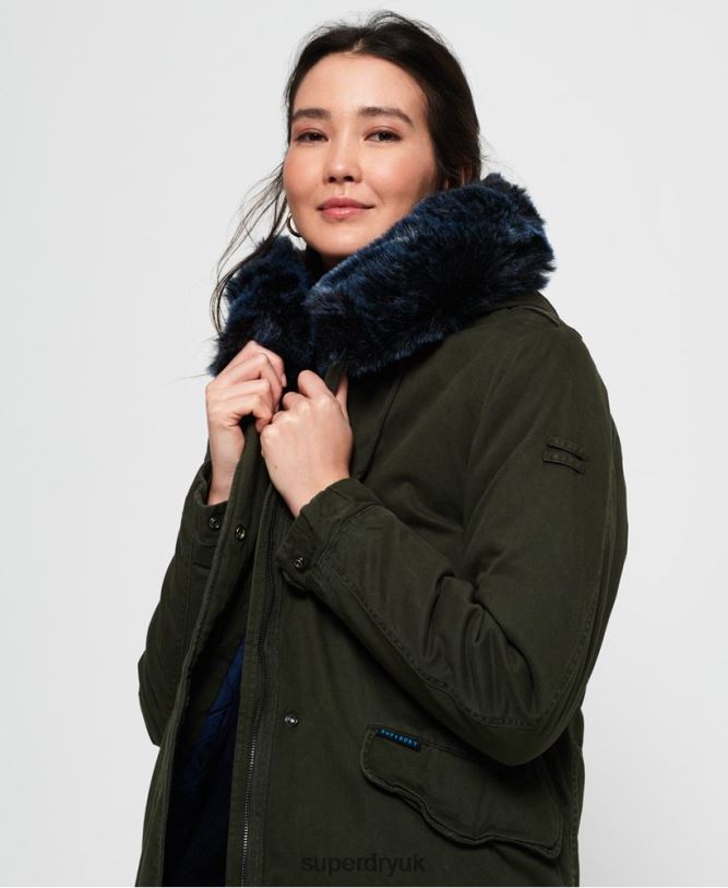 Hawk Coloured Faux Fur Parka Jacket Women Khaki Clothing Superdry 66N8N3862