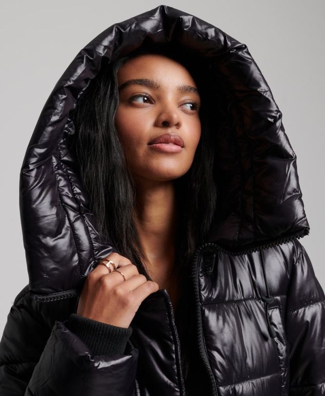 High Shine Longline Duvet Coat Women Black Clothing Superdry 66N8N5642