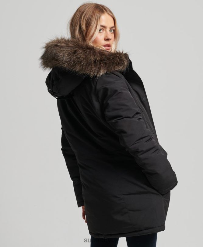 Hooded Everest Faux Fur Parka Coat Women Black Clothing Superdry 66N8N3762