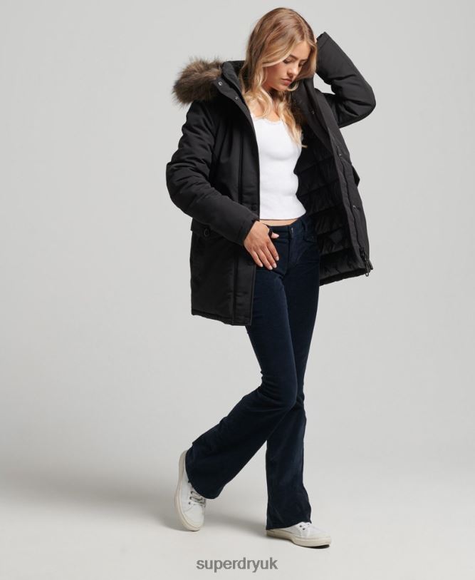 Hooded Everest Faux Fur Parka Coat Women Black Clothing Superdry 66N8N3762