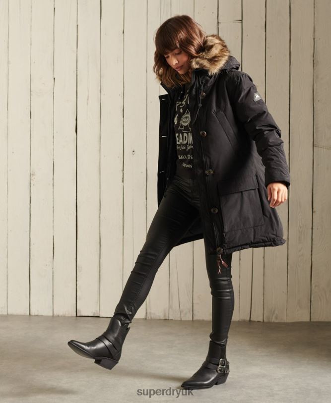 Hooded Faux Fur Down Parka Coat Women Black Clothing Superdry 66N8N3641