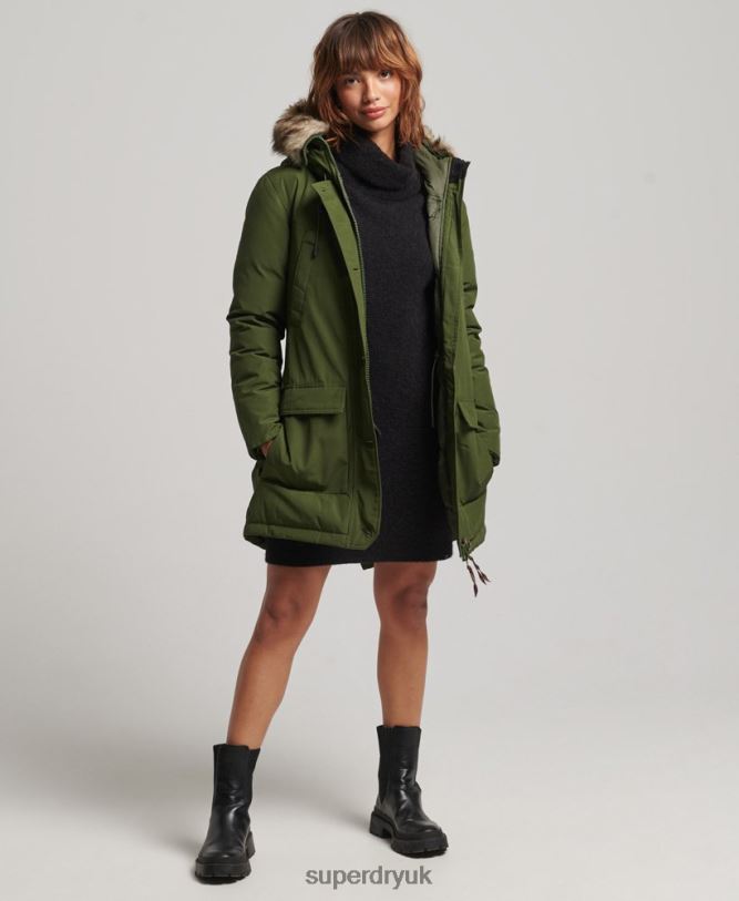 Hooded Faux Fur Down Parka Coat Women Green Clothing Superdry 66N8N3775