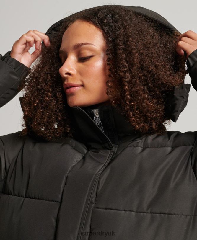 Hooded Longline Graphic Puffer Coat Women Black Clothing Superdry 66N8N5647