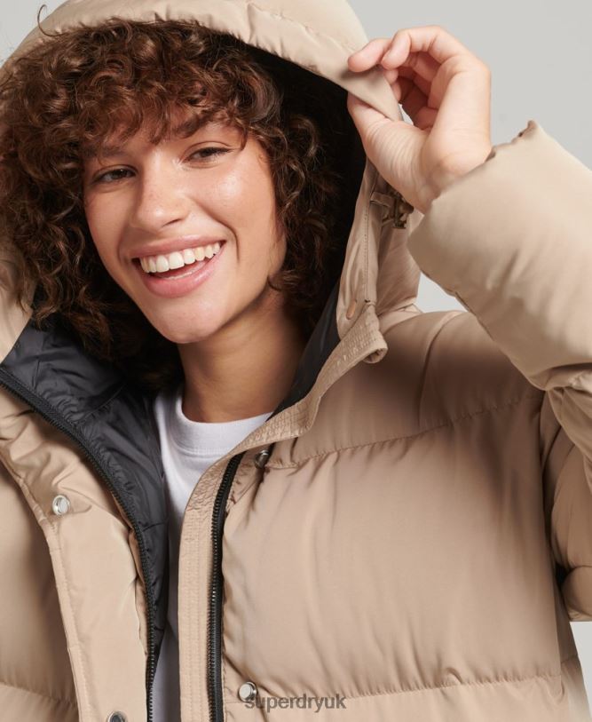Hooded Longline Puffer Coat Women Beige Clothing Superdry 66N8N3595