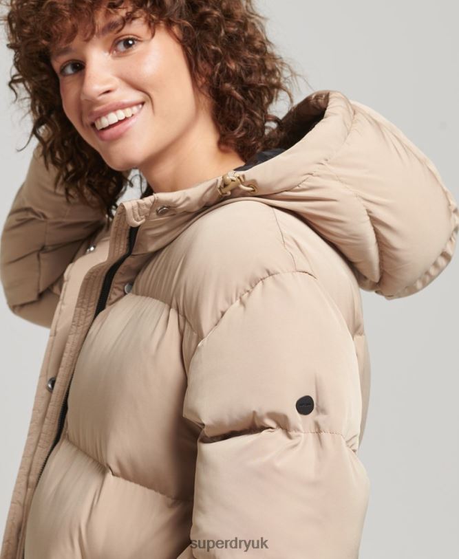 Hooded Longline Puffer Coat Women Beige Clothing Superdry 66N8N3595