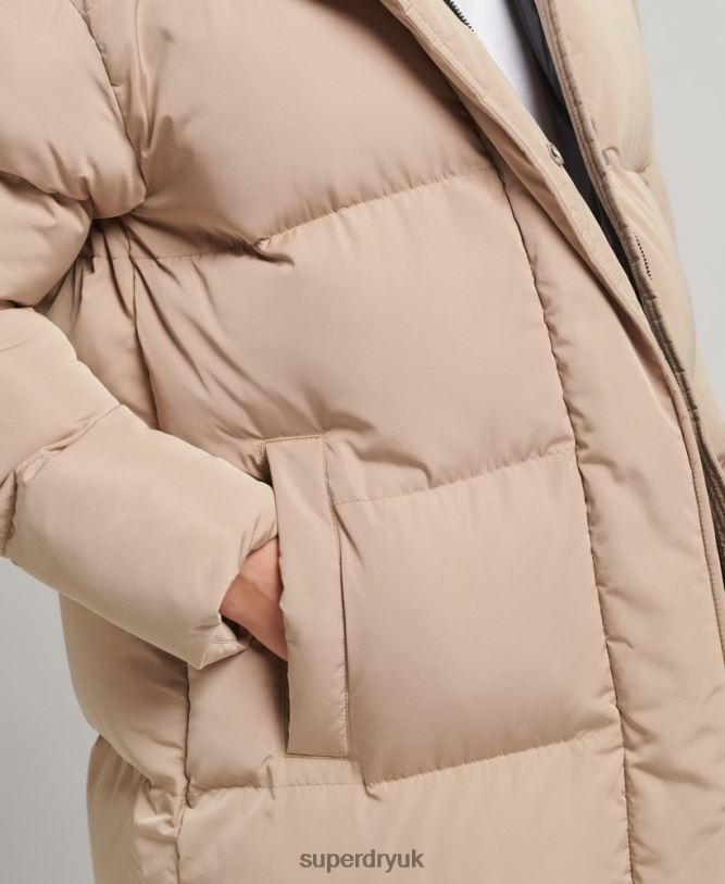 Hooded Longline Puffer Coat Women Beige Clothing Superdry 66N8N3595