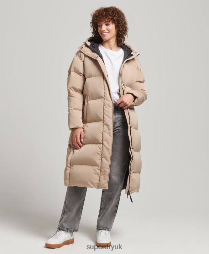 Hooded Longline Puffer Coat Women Beige Clothing Superdry 66N8N3595