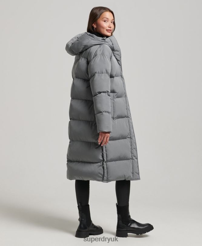 Hooded Longline Puffer Coat Women Grey Clothing Superdry 66N8N5503