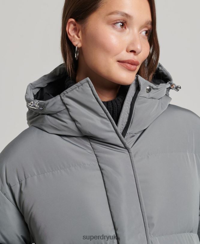 Hooded Longline Puffer Coat Women Grey Clothing Superdry 66N8N5503