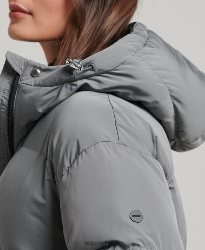 Hooded Longline Puffer Coat Women Grey Clothing Superdry 66N8N5503