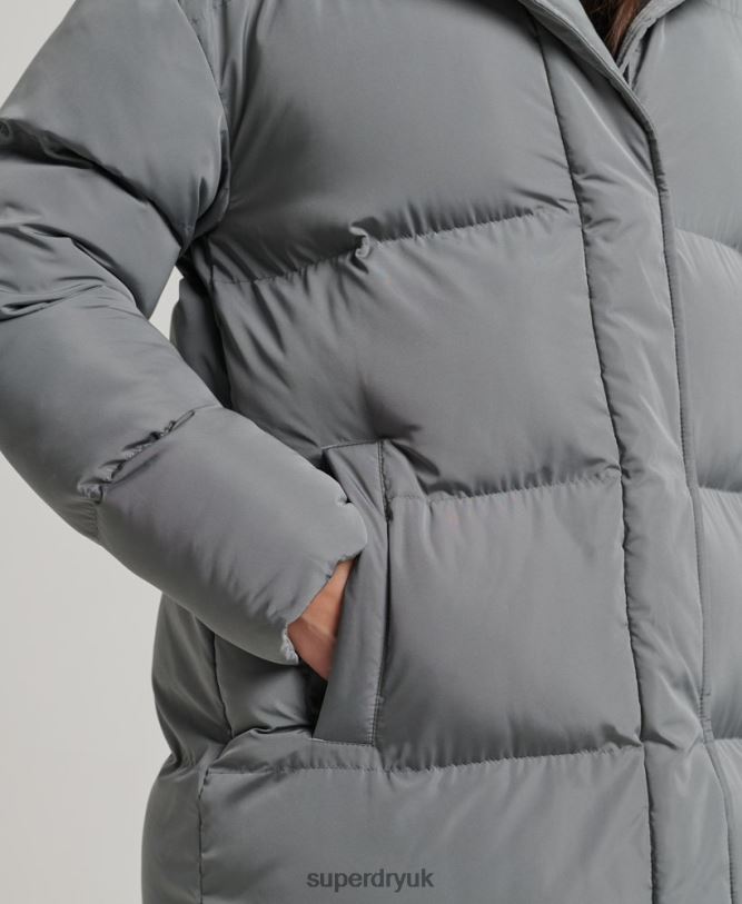 Hooded Longline Puffer Coat Women Grey Clothing Superdry 66N8N5503