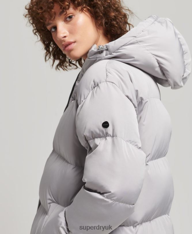 Hooded Longline Puffer Coat Women Light Grey Clothing Superdry 66N8N3743