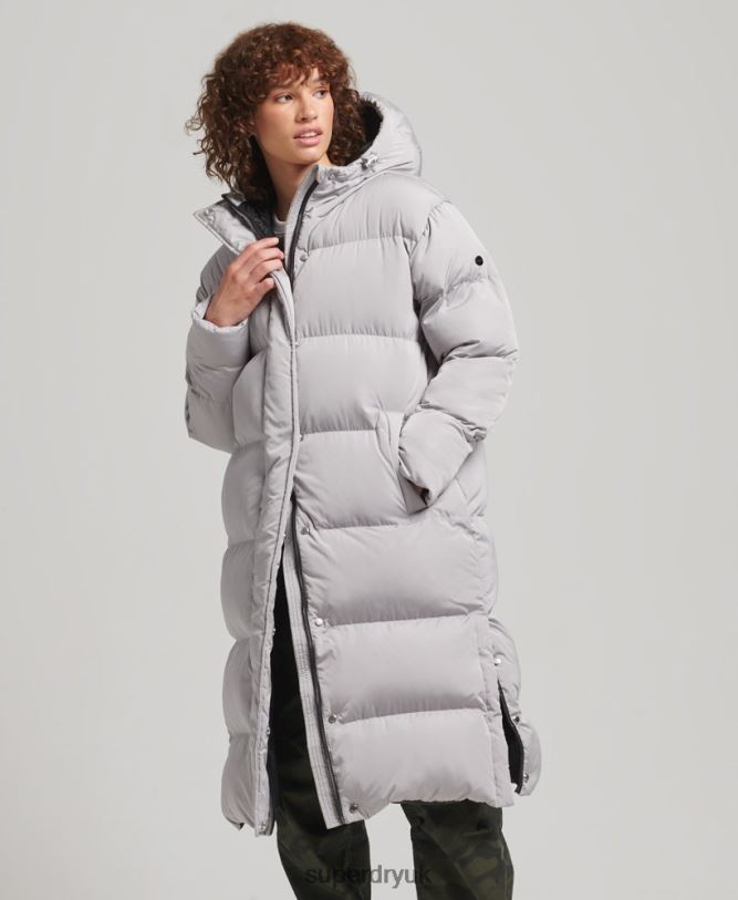 Hooded Longline Puffer Coat Women Light Grey Clothing Superdry 66N8N3743