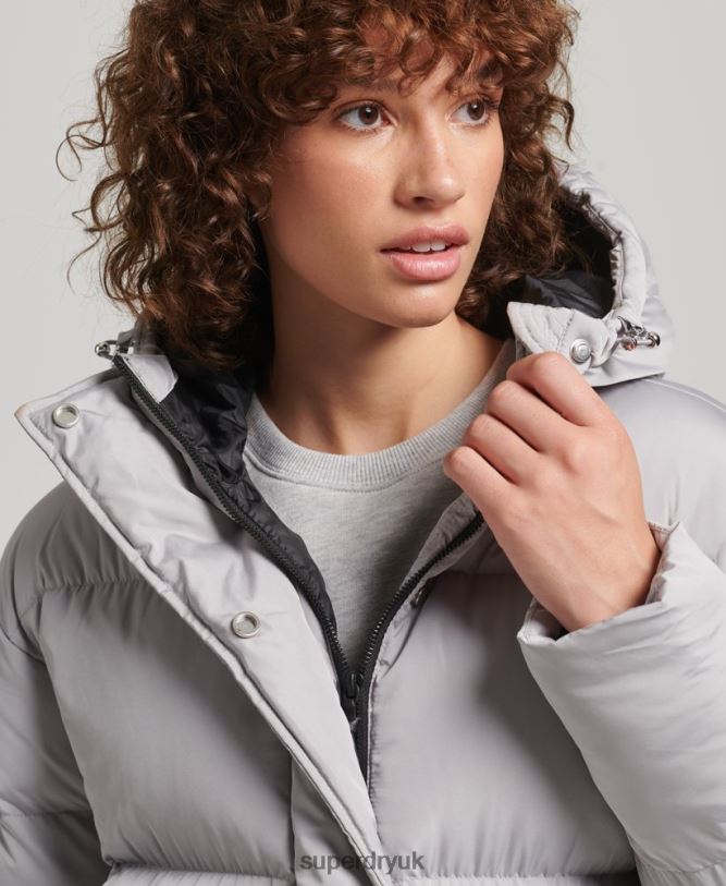 Hooded Longline Puffer Coat Women Light Grey Clothing Superdry 66N8N3743