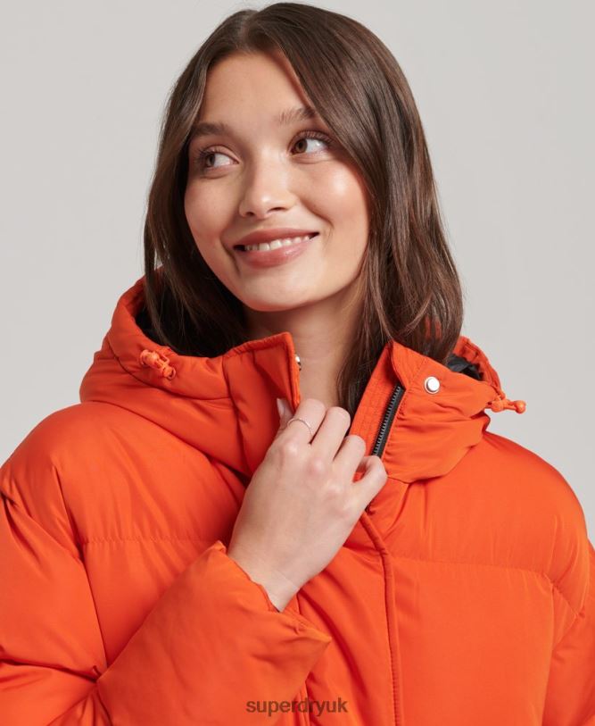 Hooded Longline Puffer Coat Women Orange Clothing Superdry 66N8N3710