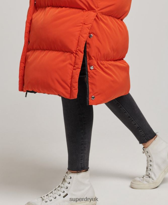 Hooded Longline Puffer Coat Women Orange Clothing Superdry 66N8N3710