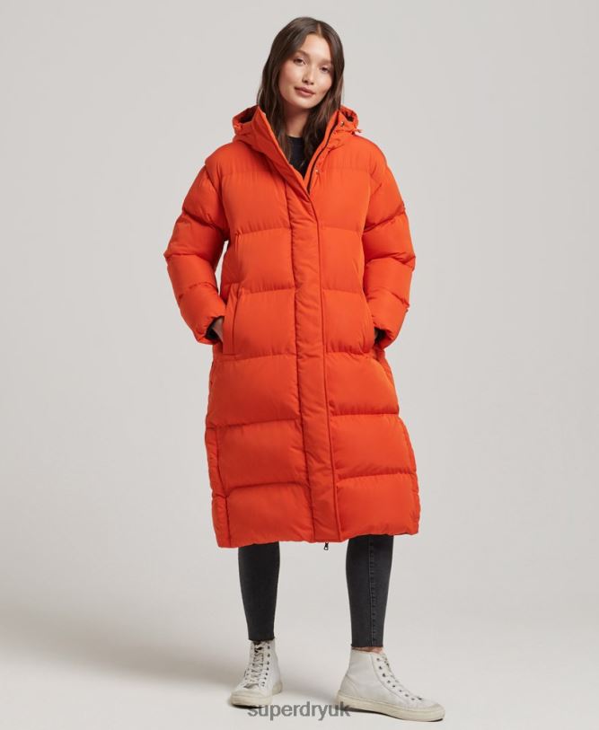 Hooded Longline Puffer Coat Women Orange Clothing Superdry 66N8N3710
