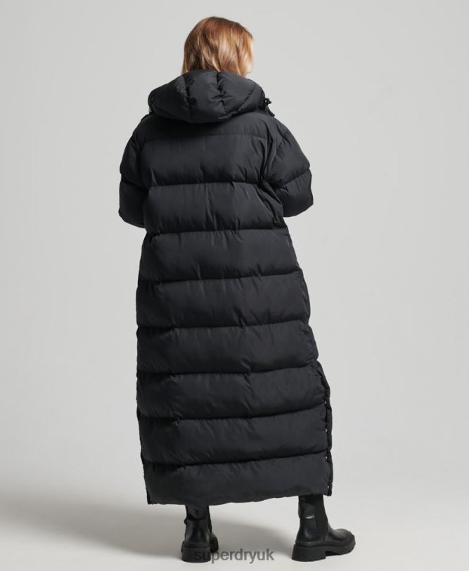 Hooded Maxi Puffer Coat Women Black Clothing Superdry 66N8N3578