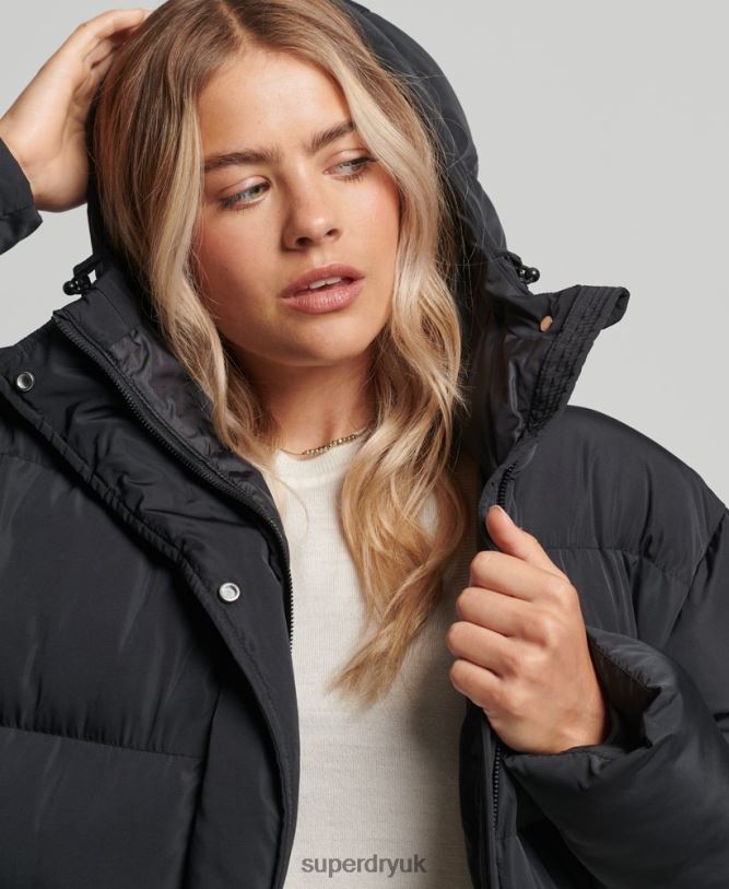 Hooded Maxi Puffer Coat Women Black Clothing Superdry 66N8N3578