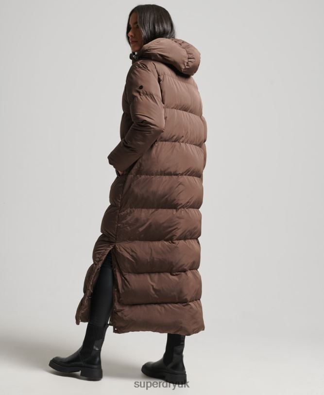 Hooded Maxi Puffer Coat Women Brown Clothing Superdry 66N8N3579