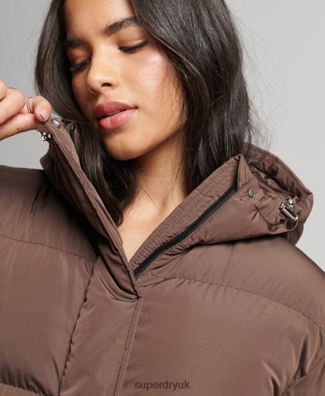 Hooded Maxi Puffer Coat Women Brown Clothing Superdry 66N8N3579