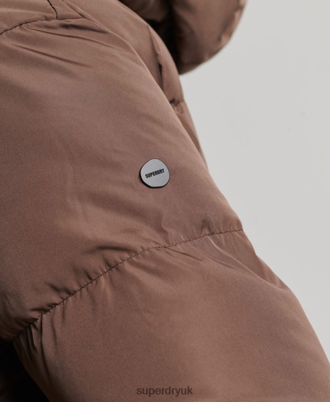 Hooded Maxi Puffer Coat Women Brown Clothing Superdry 66N8N3579