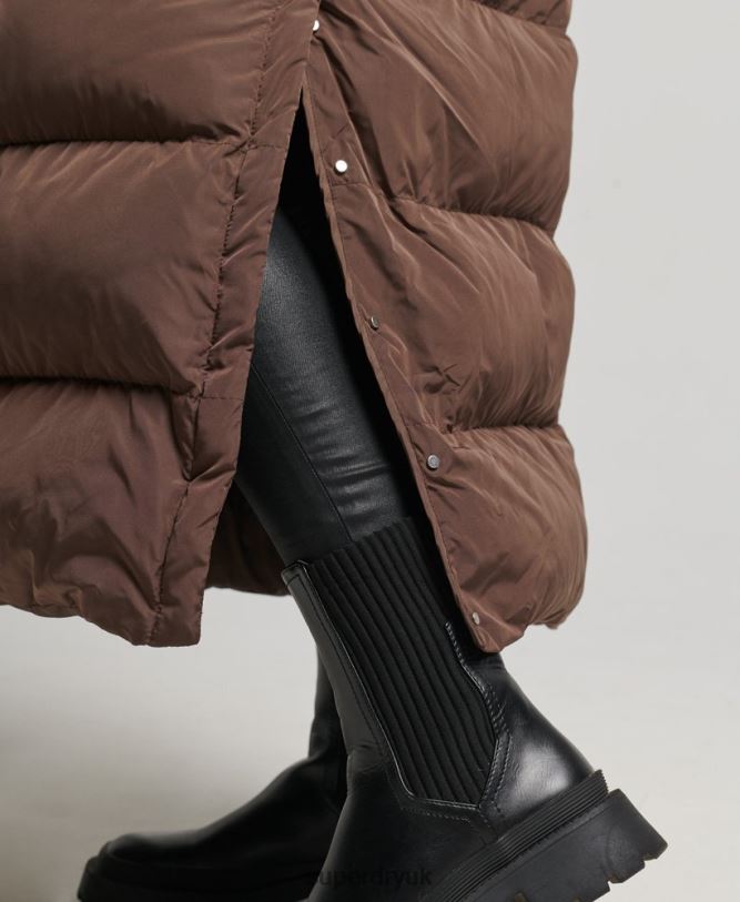 Hooded Maxi Puffer Coat Women Brown Clothing Superdry 66N8N3579