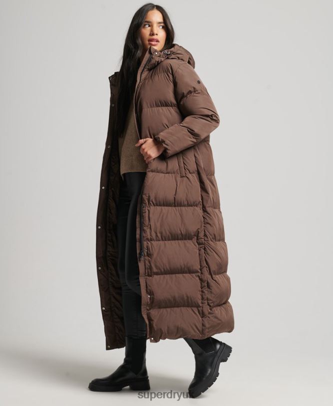 Hooded Maxi Puffer Coat Women Brown Clothing Superdry 66N8N3579