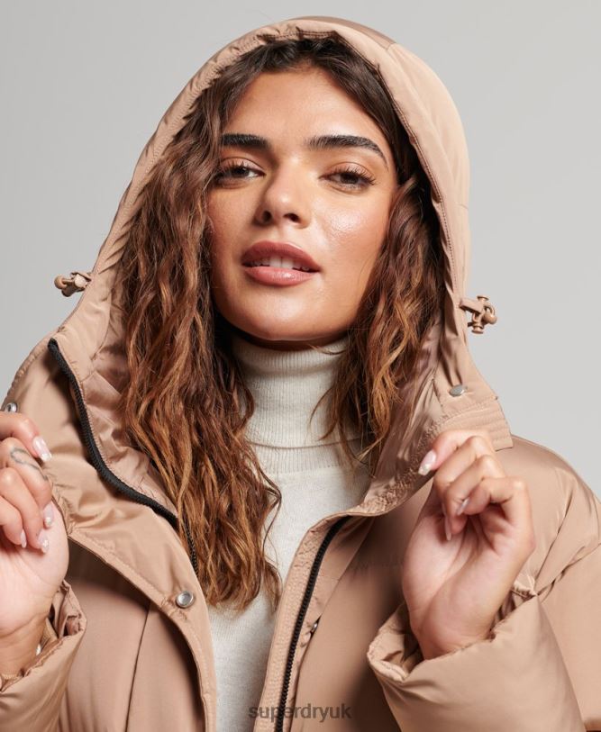 Hooded Maxi Puffer Coat Women Brown Clothing Superdry 66N8N3650