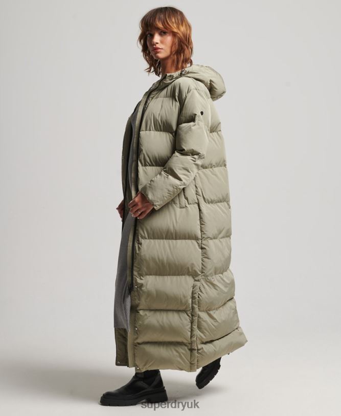 Hooded Maxi Puffer Coat Women Khaki Clothing Superdry 66N8N3693