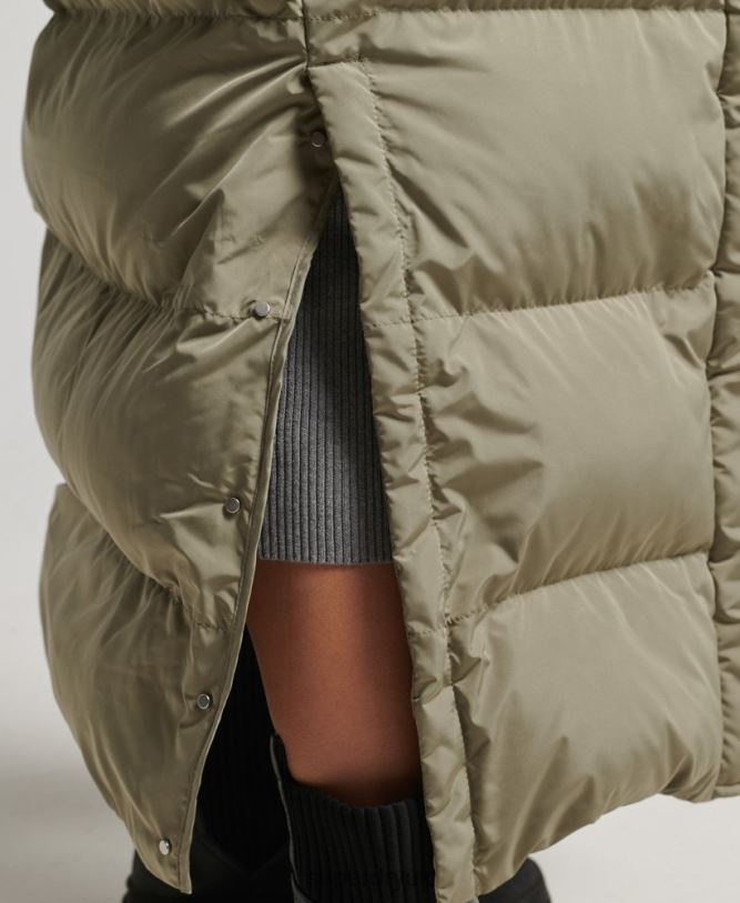 Hooded Maxi Puffer Coat Women Khaki Clothing Superdry 66N8N3693