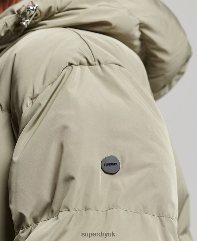Hooded Maxi Puffer Coat Women Khaki Clothing Superdry 66N8N3693