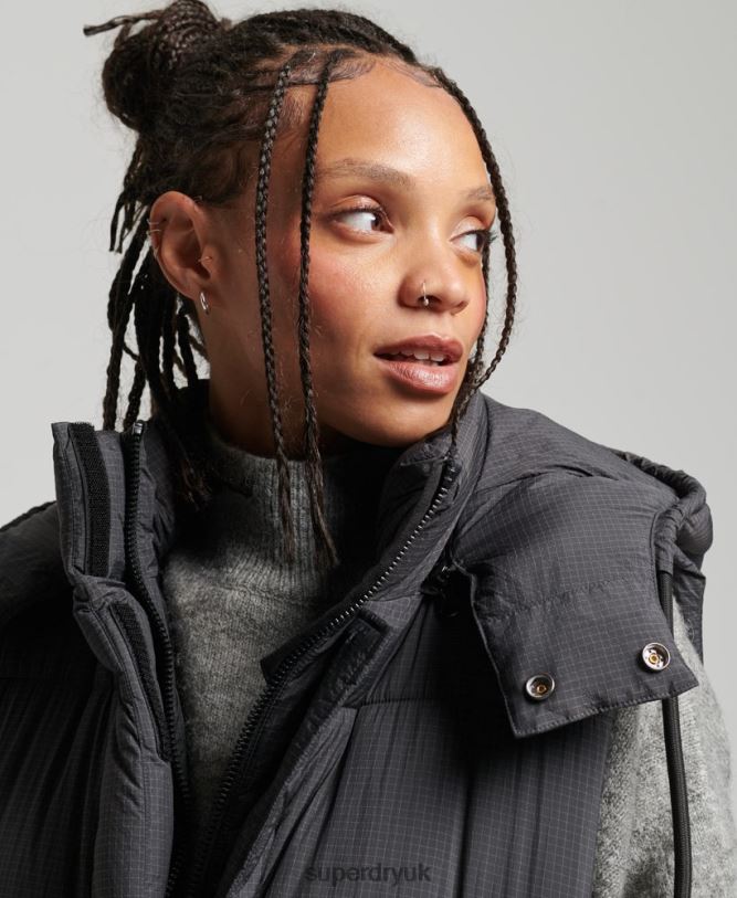 Hooded Ripstop Longline Gilet Women Black Clothing Superdry 66N8N3584