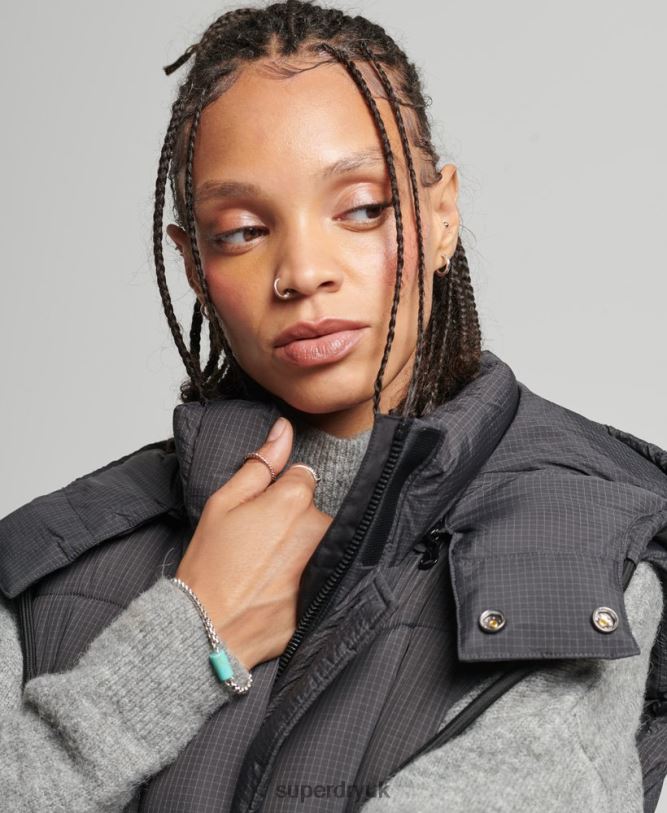 Hooded Ripstop Longline Gilet Women Black Clothing Superdry 66N8N3584