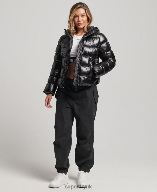 Hooded Shine Sports Puffer Jacket Women Black Clothing Superdry 66N8N3634