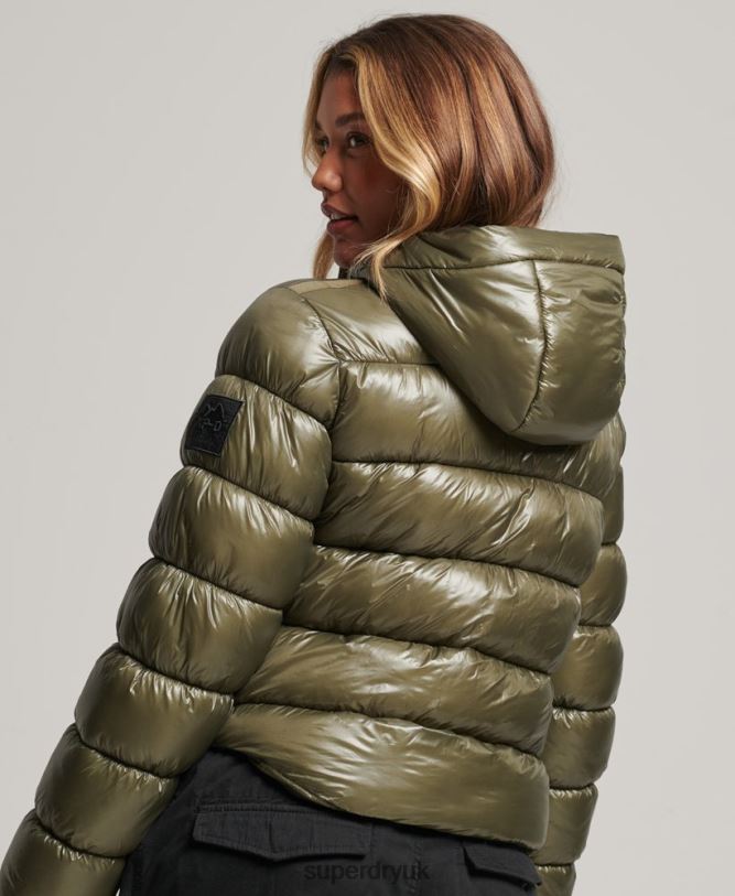 Hooded Shine Sports Puffer Jacket Women Green Clothing Superdry 66N8N3691