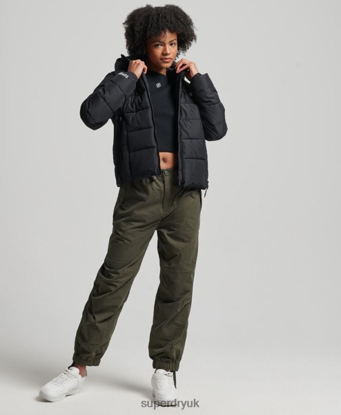 Hooded Spirit Sports Puffer Jacket Women Black Clothing Superdry 66N8N3739