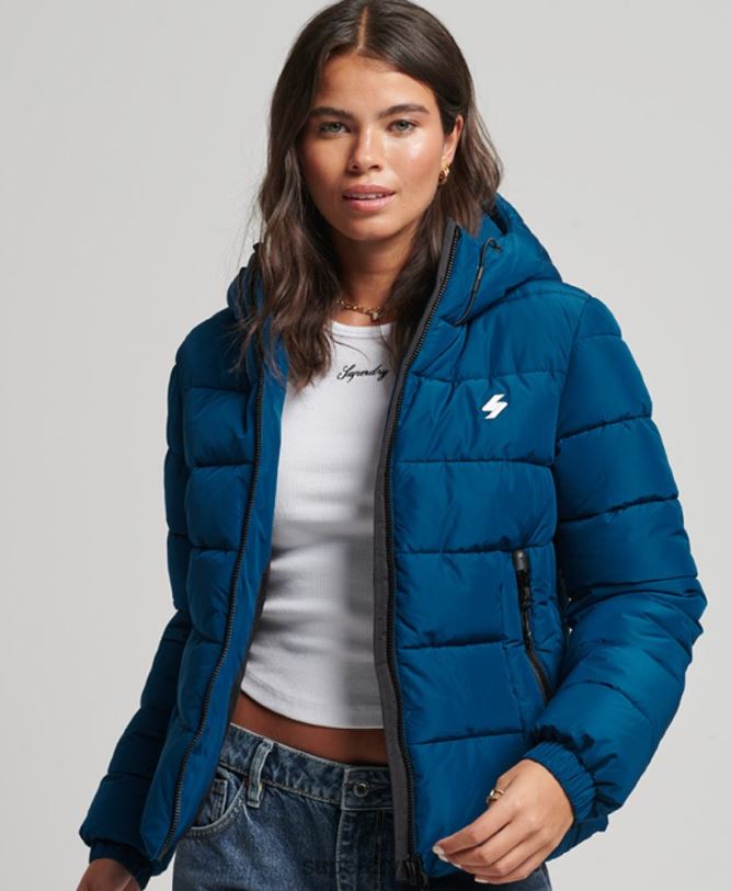 Hooded Spirit Sports Puffer Jacket Women Blue Clothing Superdry 66N8N3723