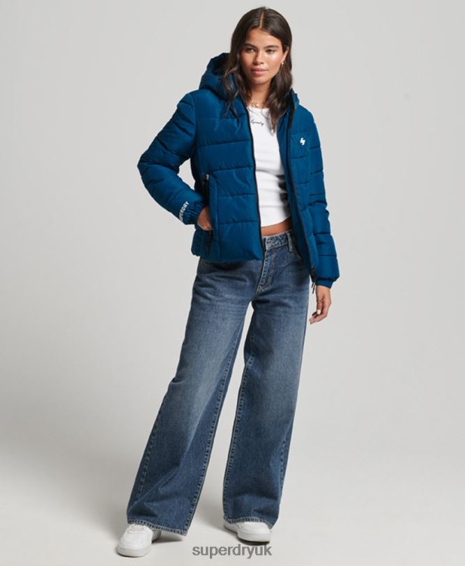 Hooded Spirit Sports Puffer Jacket Women Blue Clothing Superdry 66N8N3723