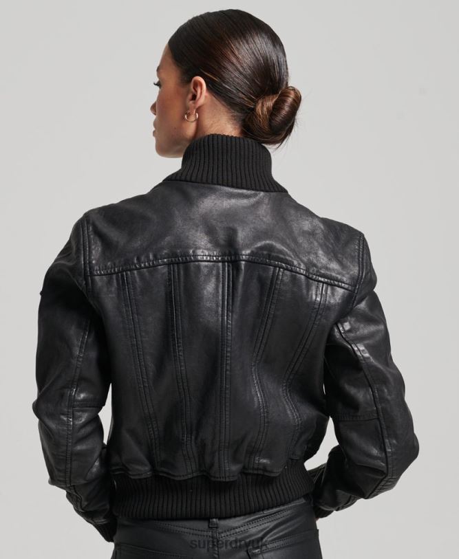 Knit Collar Leather Bomber Jacket Women Black Clothing Superdry 66N8N3718